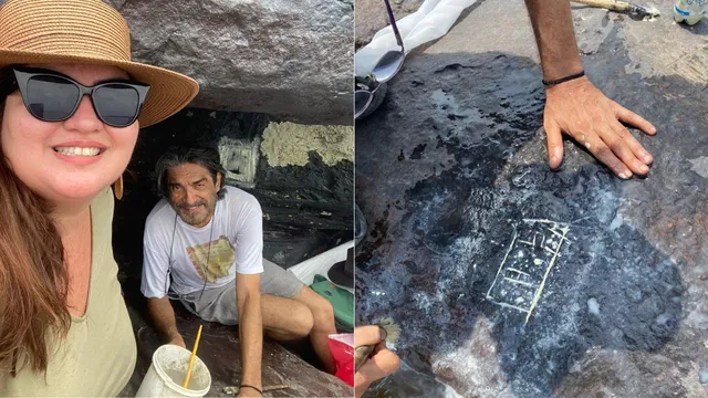 Pesquisadores utilizam pintura para destacar características de gravuras rupestres milenares reveladas pela seca do Rio Negro.